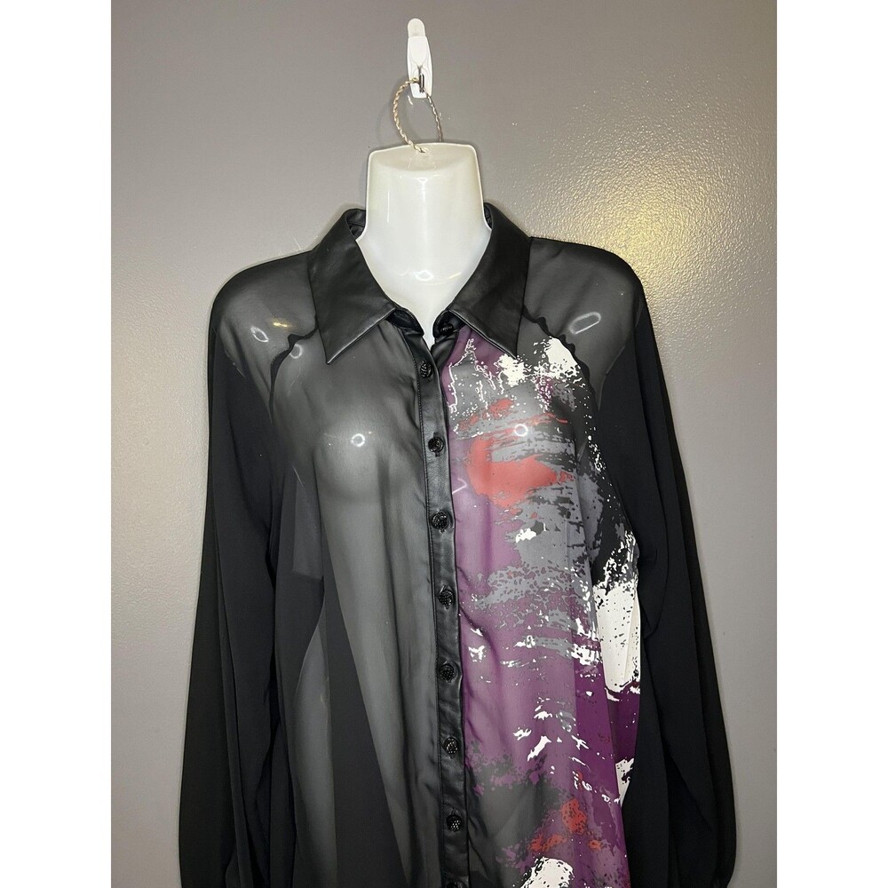 Bisou Bisou Blouse Womens Large Black Sheer Abstract Print Faux Leather Tunic